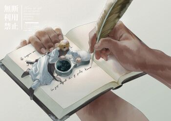 Rule 34 | 1boy, badeni, blonde hair, blue eyes, book, chi.: chikyuu no undou ni tsuite, commentary request, cursive, eyepatch, feathers, highres, long sleeves, male focus, medium hair, mege (megechan), simple background, solo focus, tagme, white background, writing