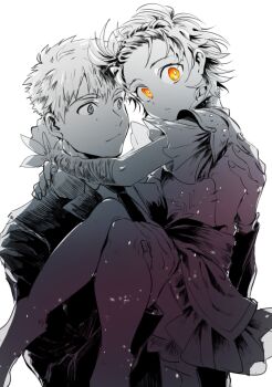 1boy 1girl akeuraji_tsukasa braid carrying dress formal_clothes kazi2ya long_sleeves looking_at_another looking_at_viewer medalist_(manga) necktie princess_carry short_hair spot_color suit white_background yellow_eyes yuitsuka_inori