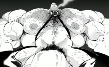 1boy hairy heavy_(tf2) makima_(chainsaw_man) male_focus monochrome muscular pubic_hair straps_across_chest tagme team_fortress_2