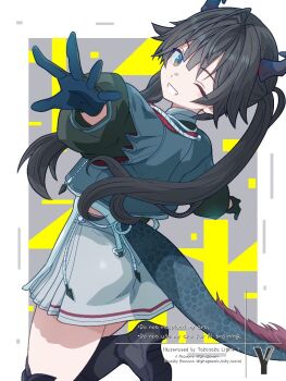 1girl arknights arknights:_endfield black_hair chen_qianyu_(arknights) dragon_girl dragon_horns dragon_tail grey_eyes hair_between_eyes hashtag-only_commentary horns looking_at_viewer one_eye_closed smile solo tail takasaka_light thighs