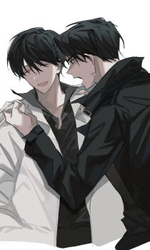 Rule 34 | 2boys, absurdres, black coat, black hair, black shirt, clothes grab, coat, collared shirt, grin, highres, kim dokja, looking to the side, male focus, multiple boys, omniscient reader's viewpoint, open clothes, open coat, open mouth, popped collar, shirt, short hair, shouting, sidelighting, smile, tanppopo9, white coat, yoo joonghyuk