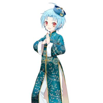 1girl aqua_dress blue_hair china_dress chinese_clothes dress hat merueto mini_hat orange_eyes palm-fist_greeting pants sapphire_(uchihime) short_hair side_slit uchi_no_hime-sama_ga_ichiban_kawaii white_pants