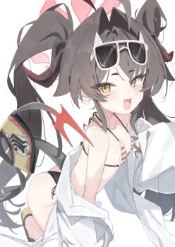 1girl :d absurdres bare_shoulders bikini black_tail blue_archive brown_hair clothes_down coat commentary curved_horns demon_horns demon_tail eyewear_on_head fang flat_chest gmx0317 hair_intakes halo highres horns kasumi_(blue_archive) kasumi_(swimsuit)_(blue_archive) lab_coat light_blush long_hair looking_at_viewer open_mouth red_bikini red_halo sleeves_past_fingers sleeves_past_wrists smile solo striped_bikini striped_clothes sunglasses swimsuit tail twintails white-framed_eyewear white_coat yellow_eyes