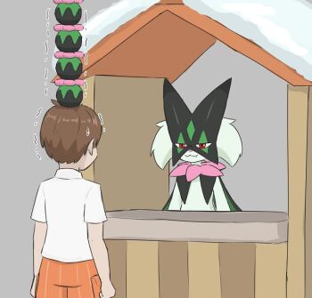 Rule 34 | 1boy, 1other, brown hair, commentary request, florian (pokemon), from behind, grey background, meowscarada, naranja academy school uniform, nintendo, object on head, orange shorts, parody, pokemon, pokemon (creature), pokemon sv, school uniform, short hair, short sleeves, shorts, simple background, standing, undertale, utdr (toby fox), ylit shalmon2