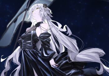1girl bare_shoulders black_dress breasts detached_sleeves dress fate/grand_order fate_(series) flag flower grey_hair hair_flower hair_ornament highres jeanne_d&#039;arc_alter_(fate) large_breasts long_hair night night_sky polearm ri_o_ne_su sky solo very_long_hair weapon yellow_eyes