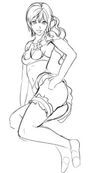 1girl ass bikini breasts cleavage final_fantasy final_fantasy_xiii frilled_bikini frills garter_belt hand_on_own_hip looking_at_viewer lying midriff navel on_side serah_farron side_ponytail simple_background sketch solo sunbeam_(artist) swimsuit