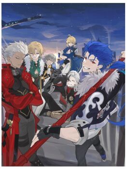 1girl 5boys aqua_eyes aqua_shirt archer_(fate) archer_(honkai:_star_rail)_(fate) armor artoria_pendragon_(fate) astral_express_(honkai:_star_rail) aventurine_(honkai:_star_rail) back black_boots black_coat black_collar black_gloves black_hair black_pants black_shirt black_shoes black_vest blonde_hair blue_bow blue_bowtie blue_dress blue_eyes blue_hair blue_jacket blue_sky boothill_(honkai:_star_rail) boots border bow bowtie bracelet braid breasts bullet_earrings caelus_(honkai:_star_rail) cape chain city cleavage_cutout closed_eyes closed_mouth clothing_cutout cloud cloudy_sky coat collar collared_shirt commentary_request crossed_arms crossed_bangs cu_chulainn_(honkai:_star_rail)_(fate) cu_chulainn_(lancer)_(fate) cyborg dark-skinned_male dark_skin dress earrings evening excalibur_(fate/stay_night) fate/stay_night fate/unlimited_blade_works fate_(series) fingerless_gloves from_behind fur-trimmed_jacket fur_trim gloves gold_bracelet grey_armor grey_hair grey_pants hair_bow hair_bun hair_ornament hair_over_one_eye hand_up heart_cutout highres holding holding_polearm holding_sword holding_weapon honkai:_star_rail honkai_(series) hood hooded_coat jacket jewelry juliet_sleeves lapels long_hair long_sleeves looking_at_another looking_at_viewer looking_back low_ponytail mechanical_arms mechanical_hands medium_breasts multicolored_eyes multicolored_hair multiple_boys mumu_vosp open_clothes open_coat outdoors pants polearm ponytail puffy_sleeves purple_eyes red_cape red_coat red_eyes saber_(fate) saber_(honkai:_star_rail)_(fate) shadow sharp_teeth sheriff_badge shirt shoes short_hair shoulder_armor sidelocks single_earring sitting sky smile spear standing star_(sky) star_ornament starry_sky sun sunset sword t-shirt tassel teeth thigh_strap trailblazer_(honkai:_star_rail) train two-sided_coat two-sided_fabric two-tone_dress two-tone_hair v-shaped_eyebrows vest weapon white_border white_dress white_hair white_pants white_shirt yellow_coat yellow_eyes zipper