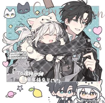 1boy 1girl black_hair blush character_request commentary_request copyright_request evodtonaeco holding long_hair open_mouth smile tagme twintails white_hair