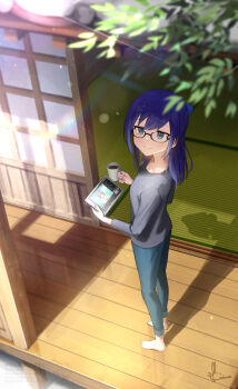 Rule 34 | 1girl, a-chan (1st costume) (hololive), a-chan (hololive), barefoot, black-framed eyewear, black shirt, blue bow, blue eyes, blue hair, blue pants, bow, commentary request, cup, day, denim, full body, glasses, hair bow, harusaki nodoka, highres, holding, holding cup, holding table, hololive, jeans, kito koruta, long sleeves, looking up, medium hair, pants, shirt, smile, solo, standing, swept bangs, virtual youtuber, wooden porch