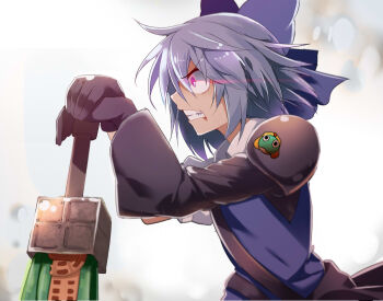 Rule 34 | 1girl, advent cirno, angry, asymmetrical sleeves, black gloves, blue hair, bow, buster sword, cirno, clenched teeth, collared shirt, dress, e.o., female focus, gloves, glowing, glowing eyes, hair bow, keroro, keroro gunsou, large bow, mismatched sleeves, purple eyes, scowl, shirt, shoulder pads, snarl, solo, strap, sword, teeth, touhou, weapon