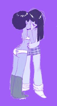 2girls artist_request ass ass_cutout blush blush_stickers bra character_request closed_eyes clothing_cutout copyright_request dark_skin earrings from_behind heart_cutout jewelry kiss kneehighs lace lace-trimmed_bra lace-trimmed_panties lace_trim long_hair monochrome multiple_girls panties plaid_clothes plaid_shorts short_hair shorts smile socks standing transparent_background underwear yuri