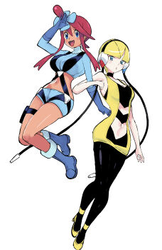 2girls :d absurdres arm_up black_pantyhose blonde_hair blue_boots blue_eyes blue_gloves blue_jacket blue_shorts blunt_bangs blush boots closed_mouth commentary elesa_(pokemon) gloves hair_ornament headphones high_heels highres idiocracy_xao jacket locked_arms multiple_girls navel nintendo open_mouth pantyhose pokemon pokemon_bw pouch red_hair shoes short_hair short_shorts shorts sidelocks simple_background skyla_(pokemon) smile thigh_pouch white_background yellow_shoes