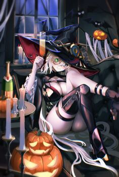 1girl absurdres black_dress breasts candle cleavage collarbone diabellstar_the_black_witch dress duel_monster green_eyes grey_hair hair_between_eyes halloween halloween_costume hat highres jack-o&#039;-lantern large_breasts long_hair long_sleeves looking_at_viewer monocle noagen official_alternate_costume official_alternate_hairstyle open_mouth smile solo thigh_strap very_long_hair witch witch_hat yu-gi-oh!