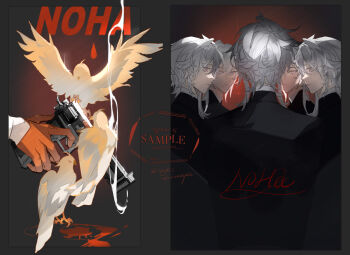 1boy bird blood commentary english_text formal_clothes gloves grey_hair gun hair_between_eyes half_gloves handgun highres holding holding_gun holding_weapon liulianjingrua long_sleeves male_focus multiple_boys multiple_views original red_gloves shirt short_hair sidelocks smoke symbol-only_commentary weapon white_hair