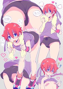 1boy artist_name ass bandages blue_eyes clothes_lift commentary_request covered_erect_nipples crossdressing crossdressing_(mtf) gridman_universe headband hibiki_yuuta highres male_focus multiple_views nagano_rira orange_hair panties shirt shirt_lift shoes short_shorts shorts sneakers speech_bubble ssss.gridman standing striped_clothes striped_panties sweat towel trap underwear wristband