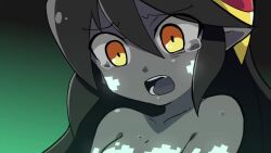 1girl animated black_hair borrowed_character breasts clenched_teeth collarbone colored_skin efa_(tunberuku) facial_mark glowing glowing_eyes gradient_background green_background grey_skin hair_between_eyes hitsugi_mc long_hair mind_control no_nipples open_mouth original pink_eyes pointy_ears sidelocks small_breasts solo teeth video yellow_eyes