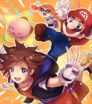 Rule 34 | > <, 1girl, 2boys, :d, arms up, black shorts, blue eyes, blue overalls, blush, blush stickers, brown hair, brown shoes, chain, chain necklace, commentary request, crown necklace, facial hair, fangs, fingerless gloves, floating, gloves, hat, hood, hood down, hooded jacket, inkling, inkling girl, inkling player character, jacket, jewelry, kingdom hearts, kirby, kirby (series), letter print, long sleeves, looking at viewer, mario, mario (series), multiple boys, mustache, necklace, nintendo, norimaki (nrmk norinori), open clothes, open jacket, open mouth, orange background, orange hair, overalls, pink shoes, pointy ears, red hat, shirt, shoes, short hair, short sleeves, shorts, smile, sora (kingdom hearts), spiked hair, splatoon (series), super smash bros., tentacle hair, white gloves, white shirt, xd, yellow background, yellow shoes