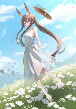 1girl absurdres alternate_costume amiya_(arknights) animal_ears arknights bare_shoulders black_jacket blue_eyes brown_hair cloud dress field flower flower_field grass hair_between_eyes hat highres jacket long_hair long_sidelocks rabbit_ears rabbit_girl sidelocks slepii4 solo straw_hat very_long_hair white_dress white_flower