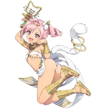 1girl ancient_egyptian ancient_egyptian_clothes animal_ears armlet ass ass_focus bracelet breasts cat_ears cat_tail dark-skinned_female dark_skin dolphin_wave fake_animal_ears fake_tail fang game_cg highres holding_abacus jewelry looking_at_viewer navel non-web_source official_alternate_costume official_art ootomo_takuji open_mouth pink_eyes pink_hair sandals side_ponytail smile solo tail underboob urami_kana