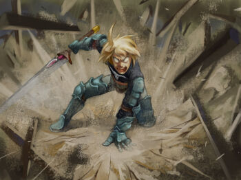 armor blonde_hair emuson epic final_fantasy final_fantasy_tactics manly power ragnarok_(weapon) ramza_beoulve sword weapon white_eyes