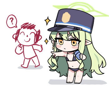 1boy 1girl ? absurdres bikini black_bikini blue_archive chibi demon_tail doodle_sensei_(blue_archive) earrings green_hair green_halo halo hat highres hikari_(blue_archive) holding_sunscreen jewelry long_hair lotion neugneugsusu peaked_cap pointing pointy_ears sensei_(blue_archive) simple_background single_earring sunscreen swimsuit tail white_background yellow_eyes