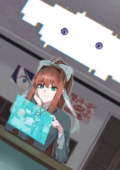 Rule 34 | blazer, bow, brown hair, classroom, collared shirt, doki doki literature club, doki doki literature club school uniform, dutch angle, elbow rest, film grain, glitch, green eyes, grey jacket, hair bow, hand on own chin, head rest, high ponytail, highres, holographic interface, indoors, jacket, long sidelocks, monika (doki doki literature club), neck ribbon, orange vest, ponytail, poster (object), ribbon, school uniform, shirt, sidelocks, smile, too many eyes, tyaaaaaaba, vest, white shirt, yuri (doki doki literature club)