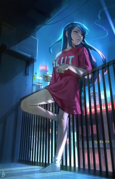 1girl air_conditioner aurahack balcony breasts building cigarette cityscape clothes_writing fuck-me_shirt highres jill_stingray long_hair night night_sky no_pants oversized_clothes oversized_shirt pink_shirt profanity purple_hair railing red_eyes scenery shirt sky slut_shirt smoke smoke_trail smoking socks solo t-shirt twintails va-11_hall-a white_socks