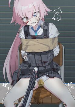 1girl 1other at_gunpoint blood blood_on_face blue_archive blue_eyes blue_necktie bulletproof_vest chair collared_shirt commentary_request gun heisei_(user_rpxm3588) heterochromia highres hoshino_(blue_archive) long_hair motion_lines necktie on_chair orange_eyes panties pee peeing peeing_self pink_hair restrained scared shirt sitting solo_focus sound_effects sweatdrop tears trembling underwear weapon white_panties white_shirt
