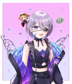 Rule 34 | 2girls, ?, absurdres, bandaid, bandaid on cheek, bandaid on face, black jacket, black shirt, black skirt, border, chest jewel, eyepatch, gem, harveythenerdy, hashtag-only commentary, heart, highres, hololive, hololive english, jacket, jacket partially removed, jewel under eye, kaela kovalskia, koseki bijou, koseki bijou (casual), looking at viewer, mini person, mini person on head, minigirl, multiple girls, official alternate costume, official alternate hairstyle, one eye covered, open mouth, outside border, parted bangs, pebble (koseki bijou), pink background, purple eyes, purple gem, purple hair, shirt, short hair, skirt, sleeveless, sleeveless shirt, smile, solo focus, sword, tomato (sword), virtual youtuber, weapon, white border