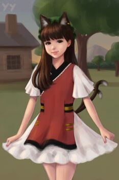 Rule 34 | 1girl, alternate hair length, alternate hairstyle, animal ear fluff, animal ear piercing, animal ears, blunt bangs, brown eyes, brown hair, cat ears, cat tail, chen, chimney, cowboy shot, dress, earrings, extra ears, eyebrows hidden by hair, flat chest, foul detective satori, gold trim, green hat, hair behind ear, hair over shoulder, hat, highres, house, jewelry, legs together, light smile, long hair, looking at viewer, mob cap, mountain, multiple tails, nail polish, nekomata, non-web source, outdoors, pink nails, red tabard, shadow, short sleeves, single earring, skirt hold, solo, star (sky), tabard, tail, touhou, tree, twilight, two tails, white dress, wide sleeves, yyf (seaknight)