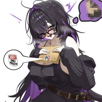 1girl @_@ ahoge bare_shoulders belt black-framed_eyewear black_dress black_hair blood blush breasts brown_belt cardigan colored_inner_hair dress drooling glasses goddess_of_victory:_nikke hair_intakes hair_over_one_eye hashtag-only_commentary highres holding huge_breasts kasawoooo label_(nikke) long_hair long_sleeves looking_at_viewer mole mole_on_breast mouth_drool multicolored_hair nosebleed off_shoulder open_cardigan open_clothes open_mouth purple_eyes purple_hair solo two-tone_hair very_long_hair wavy_mouth white_background