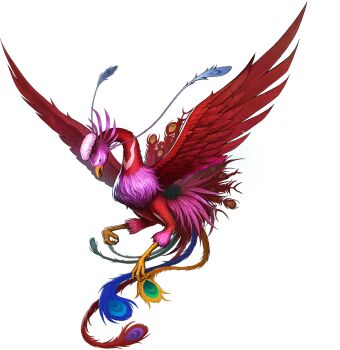 Rule 34 | artist request, bird, blue feathers, demon (megami tensei), feathers, green eyes, highres, multicolored feathers, no humans, official art, open mouth, peacock feathers, persona, persona 5, persona 5: the phantom x, pink feathers, red feathers, shin megami tensei, solo, suzaku (megami tensei), third-party source, transparent background, yellow feathers