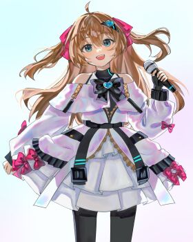 1girl :d ahoge backlighting black_bow black_bowtie black_gloves black_pantyhose blue_eyes bow bowtie brown_hair buckle clenched_hand cowboy_shot double-parted_bangs dress dress_bow eananaia fingerless_gloves floating_hair frilled_dress frills gloves gradient_background hair_between_eyes hair_ornament hair_ribbon hashtag-only_commentary heart heart_hair_ornament highres holding holding_microphone layered_dress long_hair long_sleeves looking_at_viewer microphone neuro-sama off-shoulder_dress off_shoulder official_alternate_costume open_mouth pantyhose pink_bow pink_ribbon puffy_long_sleeves puffy_sleeves ribbon shiny_clothes simple_background sleeve_bow smile snap-fit_buckle solo teeth two_side_up upper_teeth_only vedal_ai virtual_youtuber white_dress zipper zipper_pull_tab