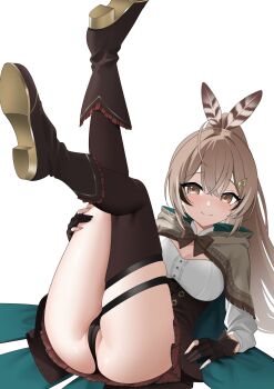 1girl absurdres ahoge ass black_panties blush boots brown_boots brown_cape brown_corset brown_eyes brown_gloves brown_hair cameltoe cape cleavage_cutout closed_mouth clothing_cutout colored_shoe_soles commentary commission corset crossed_bangs double-parted_bangs english_commentary feather_hair_ornament feathers gloves green_cape hair_between_eyes hair_ornament hairclip high_collar high_ponytail highres hololive hololive_english hood hooded_cape kneehighs legs_up long_hair looking_at_viewer lying miniskirt multicolored_hair nanashi_mumei nanashi_mumei_(1st_costume) on_back panties partially_fingerless_gloves pleated_skirt ponytail presenting presenting_ass raikkonen red_skirt second-party_source shirt shoe_soles simple_background single_kneehigh single_sock single_thighhigh skirt smile socks solo streaked_hair thighhighs three-quarter_sleeves two-sided_cape two-sided_fabric underbust underwear very_long_hair virtual_youtuber white_background white_shirt