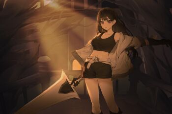 1girl anli_(jwcpp4sum0mgk5r) bang_dream! bang_dream!_it's_mygo!!!!! black_hair black_shorts black_tank_top breasts commentary crop_top hashtag-only_commentary highres holding holding_sword holding_weapon jacket large_breasts looking_at_viewer midriff mole open_clothes open_jacket purple_eyes shiina_taki shorts solo sword tank_top weapon white_jacket