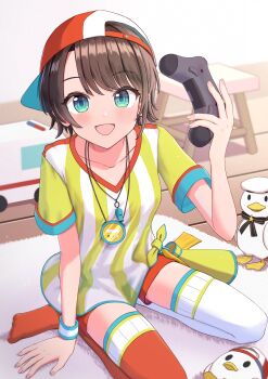 1girl absurdres aqua_eyes backwards_hat bird blush brown_hair controller duck game_controller hat highres holding holding_controller holding_game_controller hololive honda_dousuiyuu looking_at_viewer oozora_subaru oozora_subaru_(1st_costume) open_mouth orange_thighhighs red_hat shirt short_hair smile solo stopwatch stopwatch_around_neck striped_clothes striped_shirt thighhighs virtual_youtuber watch whistle whistle_around_neck white_shirt white_thighhighs yellow_shirt