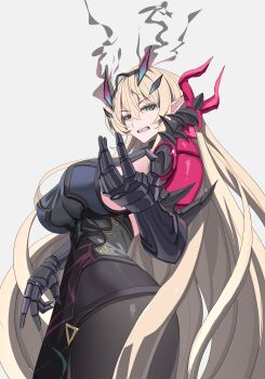 1girl absurdres armor barghest_(fate) barghest_(second_ascension)_(fate) black_dress blonde_hair breasts clenched_teeth commentary dress english_commentary fate/grand_order fate_(series) gauntlets heterochromia highres large_breasts long_hair muscular muscular_female pauldrons shiraitoart983 shoulder_armor single_gauntlet single_pauldron solo teeth very_long_hair white_background