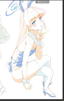 1girl blue_archive blush breasts color_trace commentary_request crossed_legs halo high_heels highres leotard long_hair looking_at_viewer papiyon1297 parted_lips playboy_bunny sitting small_breasts solo toki_(blue_archive) toki_(bunny)_(blue_archive) v