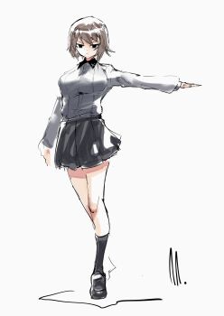 1girl absurdres black_skirt black_socks breasts brown_eyes brown_hair closed_mouth collarbone collared_shirt contrast_collar cross dress_shirt full_body girls_und_panzer grey_shirt highres iron_cross kneehighs kuromorimine_school_uniform large_breasts loafers long_sleeves looking_at_viewer miniskirt nishizumi_maho outstretched_arm pleated_skirt ringring_(artist) school_uniform shirt shoes short_hair signature simple_background skirt socks solo standing standing_on_one_leg walking white_background wing_collar