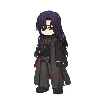 1boy black_gloves black_hair black_pants black_vest chibi chibi_only closed_mouth coat expressionless full_body gloves grey_coat grey_pants grey_shirt long_hair looking_at_viewer male_focus official_art open_clothes open_coat pants ragnarok_online red_eyes shirt simple_background solo transparent_background vest wavy_hair wilhelm_lugenberg yuichirou