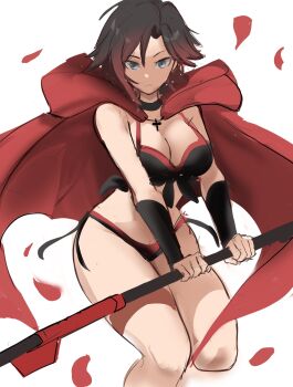 1girl bikini breasts cape cleavage cloak grey_eyes highres hood hooded_cloak rakeemspoon ruby_rose rwby scythe short_hair swimsuit weapon