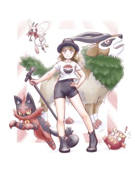 1girl black_hat black_shoes blonde_hair blue_eyes darumaka gen_5_pokemon gen_6_pokemon gen_7_pokemon gogoat hand_on_own_hip hat high-waist_shorts highres klefki mgishere microphone nintendo pokemon pokemon_(creature) ribombee shoes shorts smile taylor_swift torracat
