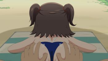1boy 1girl akagi_miria animated animated_gif ass ass_focus beach brown_hair from_behind grabbing_another's_ass groping idolmaster idolmaster_cinderella_girls kyojiri_loli lli_tt loli lying on_stomach sand swimsuit top-down_bottom-up twintails two_side_up