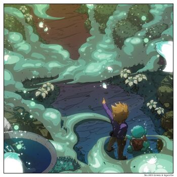 blue_oak border brown_hair brown_pants dust flower from_above from_behind gen_1_pokemon hand_on_own_hip highres light_particles male_focus nintendo outstretched_arm pants path pointing pointing_forward pokemon pokemon_(creature) pokemon_rgby purple_shirt road russiya shirt squirtle white_border white_flower