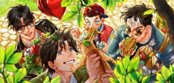 >_o 4boys animal backwards_hat bag balloon baseball_cap batman_(series) black_hair black_jacket blue_eyes blue_jacket brothers can cat damian_wayne dc_comics dick_grayson drink_can eating eyes_visible_through_eyewear food g0ringo green_eyes green_jacket hat heart_balloon holding holding_animal holding_bag holding_balloon holding_can holding_food hot_dog jacket jason_todd leaf leaf_on_head male_focus multicolored_hair multicolored_jacket multiple_boys one_eye_closed open_mouth paper_bag red_jacket short_hair siblings smile soda_can star-shaped_pupils star_(symbol) sunglasses symbol-shaped_pupils teeth tim_drake two-tone_hair two-tone_jacket white_hair