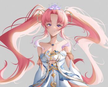 Rule 34 | 1girl, absurdres, airani iofifteen, airani iofifteen (sci-fi princess), bare shoulders, breasts, cleavage, clothing cutout, commentary, curtained hair, cutout above navel, demise (official makuu), dress, elbow gloves, english commentary, expressionless, floating headgear, frown, gloves, gold necklace, gradient hair, headgear, highres, hololive, hololive indonesia, jewelry, layered dress, long hair, long sidelocks, medium breasts, multicolored hair, necklace, official alternate costume, official alternate hairstyle, overexposure, parted bangs, pink hair, purple eyes, raised eyebrows, sidelighting, sidelocks, simple background, solo, star (symbol), star necklace, strapless, strapless dress, tiara, twintails, upper body, very long hair, virtual youtuber, white dress, white gloves