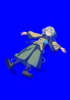 1girl black_boots blue_background boots buttons closed_eyes diamond_button eyeball frilled_shirt_collar frilled_sleeves frills green_hair green_skirt highres komeiji_koishi lying on_back shirt skirt smile third_eye touhou tumetaisnow wide_sleeves yellow_shirt