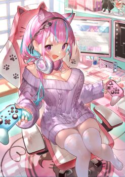 1girl absurdres anchor_symbol animal_ears animal_hands animal_print apex_legends aqua_nails armrest blue_hair book bottomless breasts cable can cat_ears cat_hair_ornament cat_paws cat_print chair commentary_request computer computer_keyboard controller desk desktop_(computing) energy_drink figure game_controller gamepad gaming_chair hair_ornament headphones headphones_around_neck heart heart_print highres holding holding_controller hololive huge_filesize kirito large_breasts long_hair looking_at_viewer minato_aqua monitor mozilla_firefox multicolored_hair nail_polish neko_(minato_aqua) nintendo_switch nintendo_switch_pro_controller off_shoulder purple_eyes purple_hair purple_sweater red_bull rin31153336 sitting skindentation solo squid streaked_hair sweater swivel_chair sword_art_online table thighhighs thighs two-tone_hair virtual_youtuber white_thighhighs window youtube yuuki_(sao) zettai_ryouiki