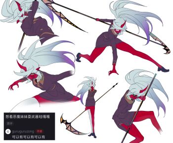1girl blue_hair colored_skin demon_horns green_eyes guru.zong highres holding holding_scythe holding_weapon horns kneesocks_(psg) long_hair looking_at_viewer panty_&amp;_stocking_with_garterbelt ponytail red_skin school_uniform scythe weapon