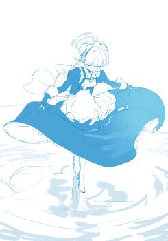 1girl absurdres apron blue_archive blue_hairband blue_halo blue_theme blush closed_eyes closed_mouth dan_nako dress fingerless_gloves frilled_apron frills full_body gloves hairband halo highres lifting_own_clothes long_sleeves maid monochrome ripples short_hair sketch solo toki_(blue_archive) unfinished